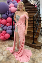 Long Beaded Prom Dress with Spaghetti Straps and Slit in Pink Mermaid Style