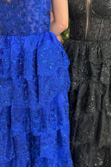 Long Corset Prom Dress in Royal Blue with Sequins Tulle Tiered Skirt Spaghetti Straps and Appliques