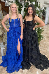 Long Corset Prom Dress in Royal Blue with Sequins Tulle Tiered Skirt Spaghetti Straps and Appliques