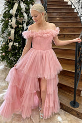 Off The Shoulder Long Prom Dress in Princess Pink with Tiered Tulle and Slit