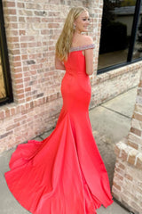 Long Red Mermaid Prom Dress with Beading Off the Shoulder