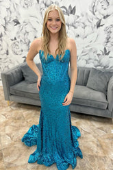 Long Corset Prom Dress with Sweetheart Neckline in Sparkly Turquoise Sequins and Mermaid Silhouette