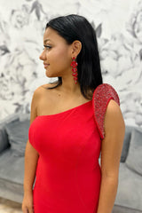 Long Beaded Mermaid Prom Dress in Red with One Shoulder and Slit