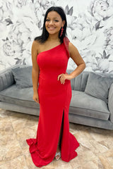 Long Beaded Mermaid Prom Dress in Red with One Shoulder and Slit