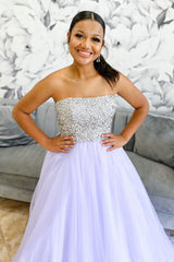 Long Lilac Tulle Prom Dress with Beading Strapless Princess Style