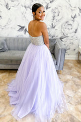 Long Lilac Tulle Prom Dress with Beading Strapless Princess Style