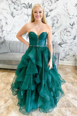 Long Prom Dress in Sparkly Emerald Green with Sweetheart Neckline and Beaded Tulle