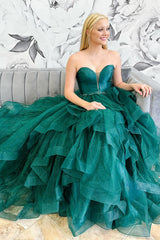 Long Prom Dress in Sparkly Emerald Green with Sweetheart Neckline and Beaded Tulle
