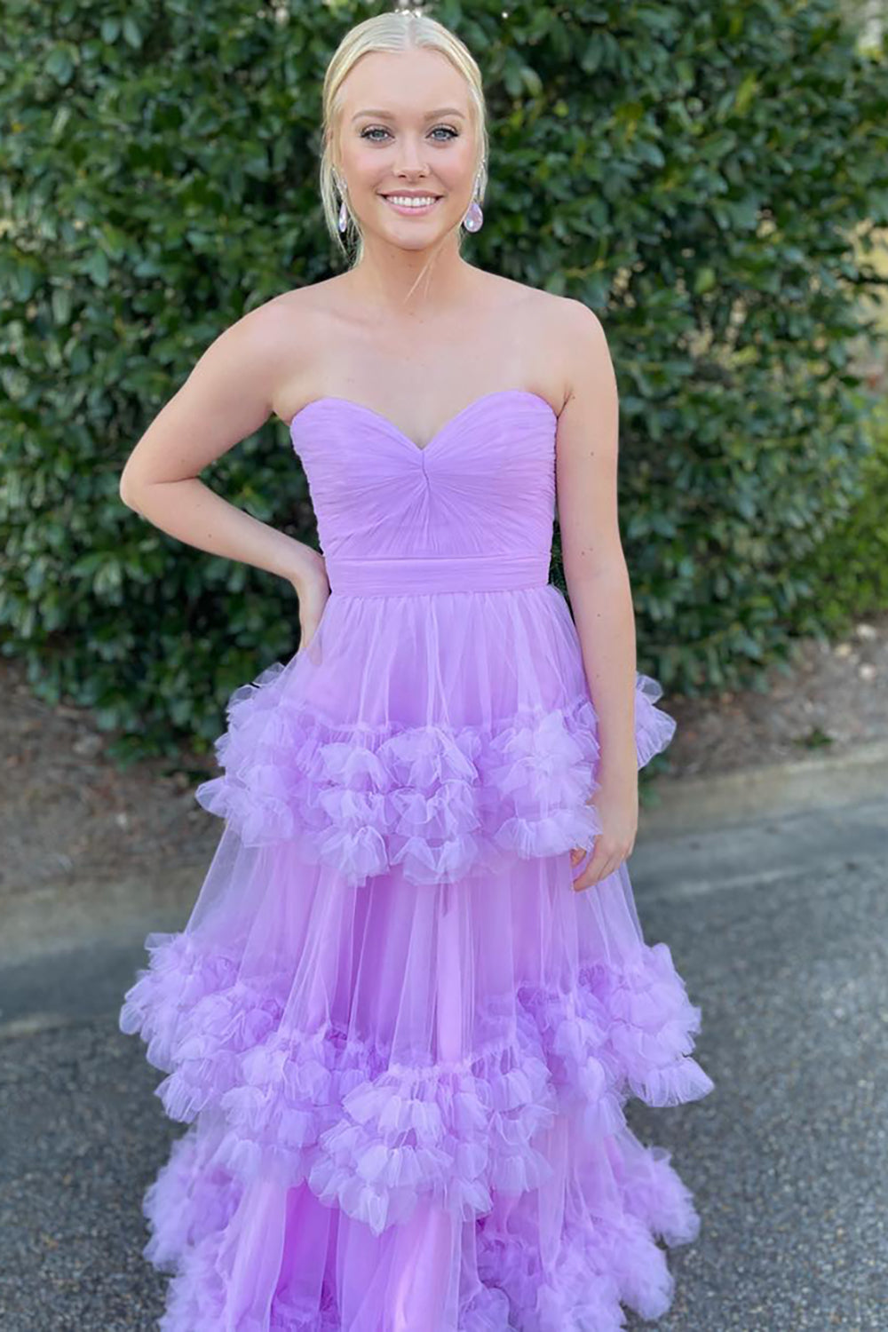Long Tiered Tulle Prom Dress for Sweetheart Princess in Lavender