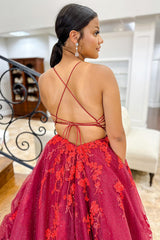 Princess Long Prom Dress in Dark Red with Spaghetti Straps and Tulle Appliques