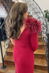 Long Burgundy Mermaid Prom Dress with Feather Trim and One Shoulder Slit