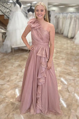 Long A Line Prom Dress with Ruffles in Blush One Shoulder Design