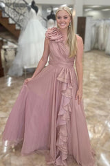 Long A Line Prom Dress with Ruffles in Blush One Shoulder Design