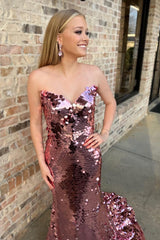 Long Mermaid Prom Dress in Sparkly Rose Gold with Sweetheart Sequins