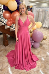Long Prom Dress in Fuchsia Satin with Spaghetti Straps and Mermaid Cut-out