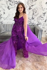 Prom Jumpsuit with Grape Sequin Spaghetti Straps and Tulle Cape