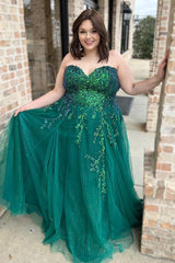 Long Emerald Green Sparkly Princess Prom Dress with Feather and Off-The-Shoulder Sequins Tulle