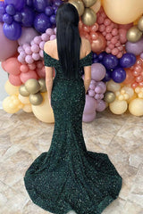 Long Dark Green Sparkly Sequin Mermaid Prom Dress with Off-Shoulder Design