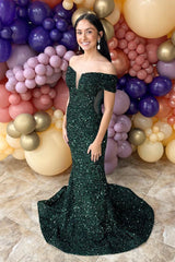 Long Dark Green Sparkly Sequin Mermaid Prom Dress with Off-Shoulder Design