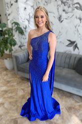 Royal Blue Sparkly Beaded Mermaid Gown with One Shoulder and Slit
