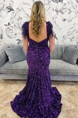 Sequined Mermaid Prom Dress in Sparkly Grape with Feather Trim and Off-Shoulder Neckline
