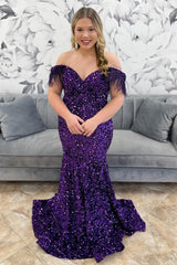Sequined Mermaid Prom Dress in Sparkly Grape with Feather Trim and Off-Shoulder Neckline