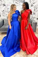 Princess Satin Prom Dress in Royal Blue with One Shoulder and Bow