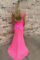 Long Mermaid Prom Dress in Sparkly Hot Pink with Off-Shoulder Design and Appliques