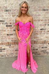 Long Mermaid Prom Dress in Sparkly Hot Pink with Off-Shoulder Design and Appliques