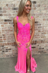 Long Mermaid Prom Dress in Sparkly Hot Pink with Off-Shoulder Design and Appliques