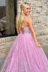 Long Pink Sequined Prom Dress with Sparkly Tulle and Sweetheart Neckline