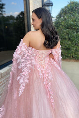 Pink Sparkle Tulle Corset Prom Dress with Floral Off-Shoulder Princess Design