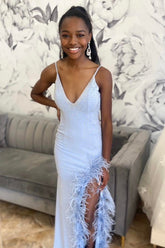 Long Mermaid Prom Dress with Light Blue Beaded Spaghetti Straps and Feather Slit