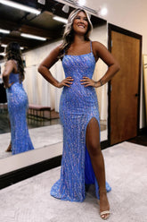 Long Mermaid Prom Dress with Sparkly Blue Sequins and Spaghetti Straps Featuring a Slit
