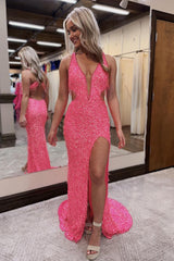 Hot Pink Sparkly Mermaid V-Neck Long Prom Dress with Sequin Cut-outs and Fringe