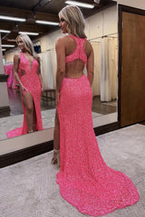 Hot Pink Sparkly Mermaid V-Neck Long Prom Dress with Sequin Cut-outs and Fringe