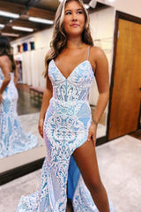 Long Mermaid Prom Dress with Sparkly Light Blue Sequin Corset and Spaghetti Straps