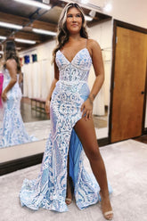 Long Mermaid Prom Dress with Sparkly Light Blue Sequin Corset and Spaghetti Straps