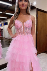 Princess A-Line Long Corset Prom Dress in Pink with Tulle Tiered Skirt and Spaghetti Straps Applique