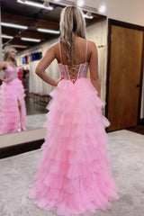 Princess A-Line Long Corset Prom Dress in Pink with Tulle Tiered Skirt and Spaghetti Straps Applique