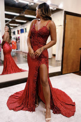 Long Sequin Mermaid Prom Dress with Dark Red Spaghetti Straps and Applique