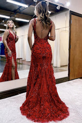 Long V-Neck Mermaid Prom Dress in Sparkly Dark Red with Sequin Slit