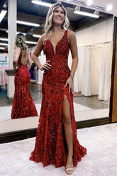 Long V-Neck Mermaid Prom Dress in Sparkly Dark Red with Sequin Slit