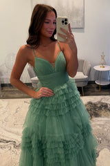 Long Prom Dress with Sparkly Sage Spaghetti Straps and Tiered Tulle A-Line Skirt