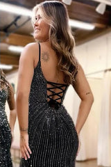 Long Beaded Mermaid Prom Dress with Sparkly Blue Spaghetti Straps and Slit