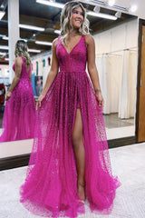 Fuchsia Sequin V-Neck Corset Prom Dress with Sparkly Tulle A-Line and Slit