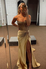 Long Beaded Golden Mermaid Prom Dress with Sparkly Sweetheart Corset and Slit