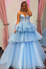 Sweetheart A-Line Prom Dress in Trendy Blue with Tiered Tulle and Corset