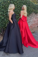 Long Black Satin Prom Dress with Sweetheart Neckline and A-Line Bow