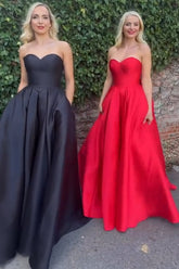 Long Black Satin Prom Dress with Sweetheart Neckline and A-Line Bow
